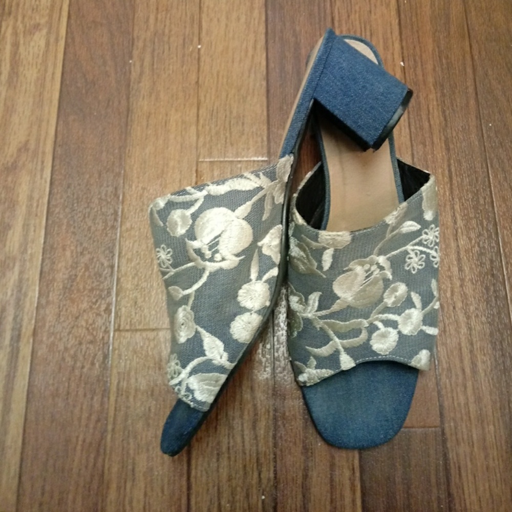 Denim and lace slides